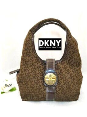 DKNY Brown Hobo Bag Monogram Jacquard Gold Buckle Turnlock Flap Shoulder…